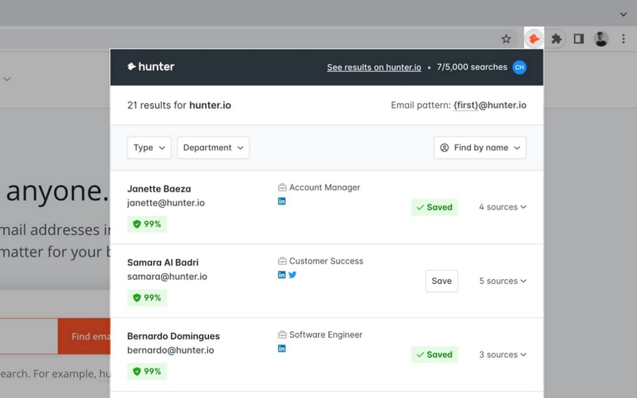 Use hunter Email Finder Extension