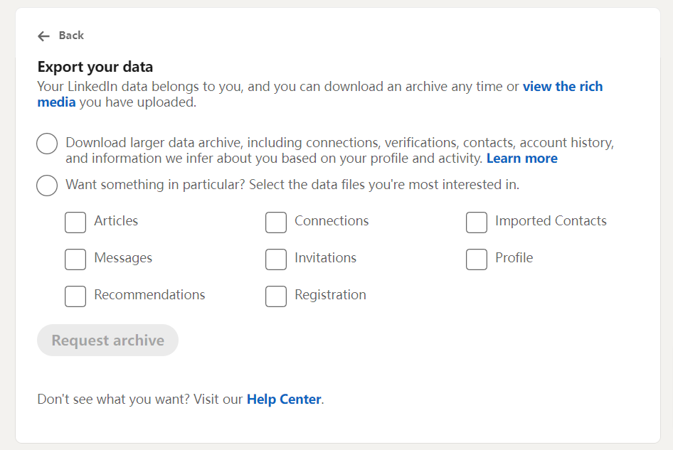 LinkedIn Settings Export Your Data