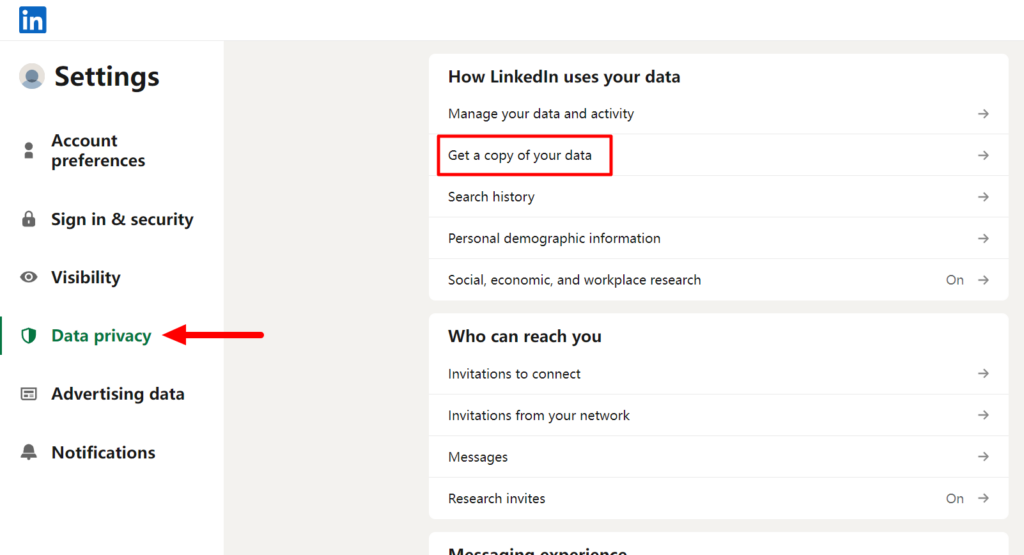 LinkedIn Setting Get a Data Copy