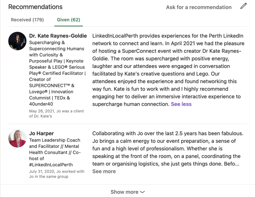 Recommendations on LinkedIn 