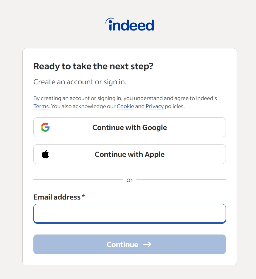 Indeed Account Creation Page