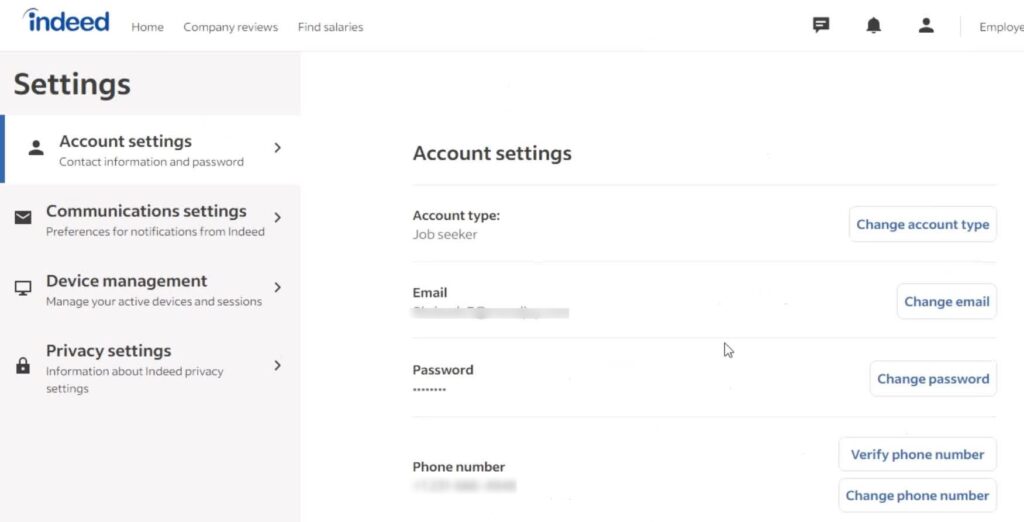 Indeed Account Settings