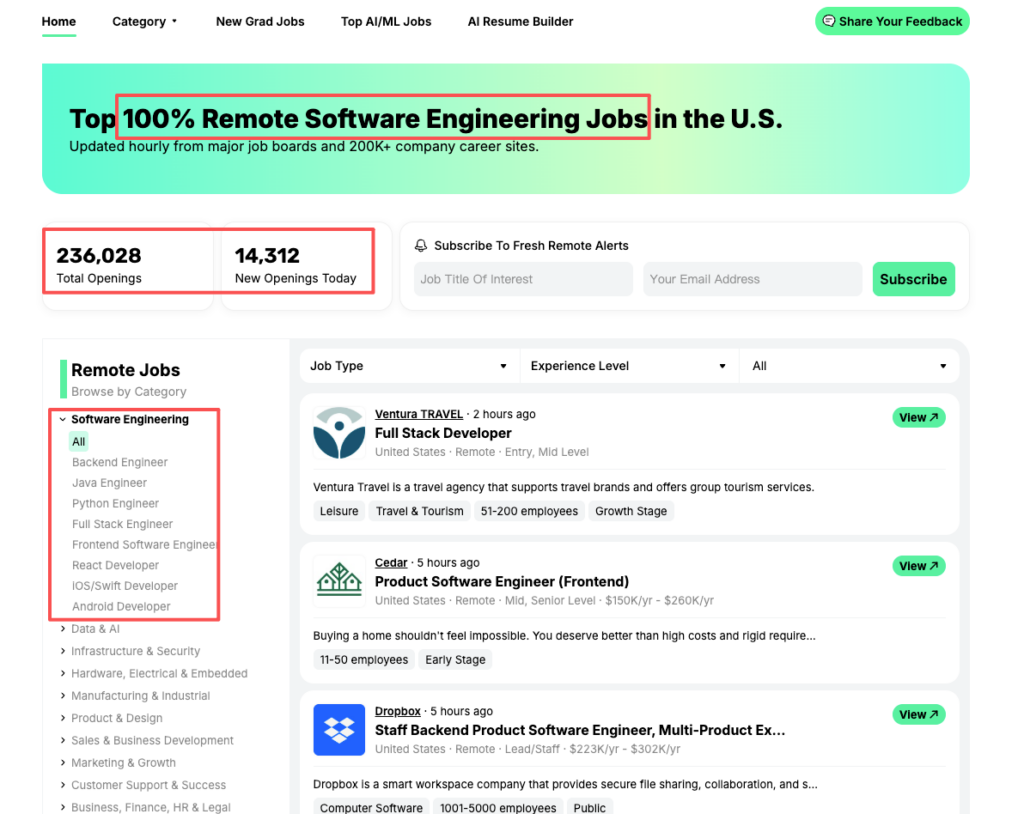 Remote software engineering job listings updated hourly, featuring categories like Full Stack, Python, React developers for remote positions in Florida and across the US with 236K+ openings in 2026.