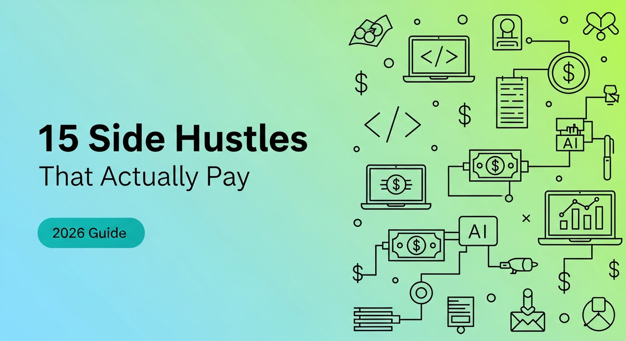 Vibrant 2026 guide infographic titled 15 Side Hustles That Actually Pay featuring AI, coding, money icons for real extra income ideas