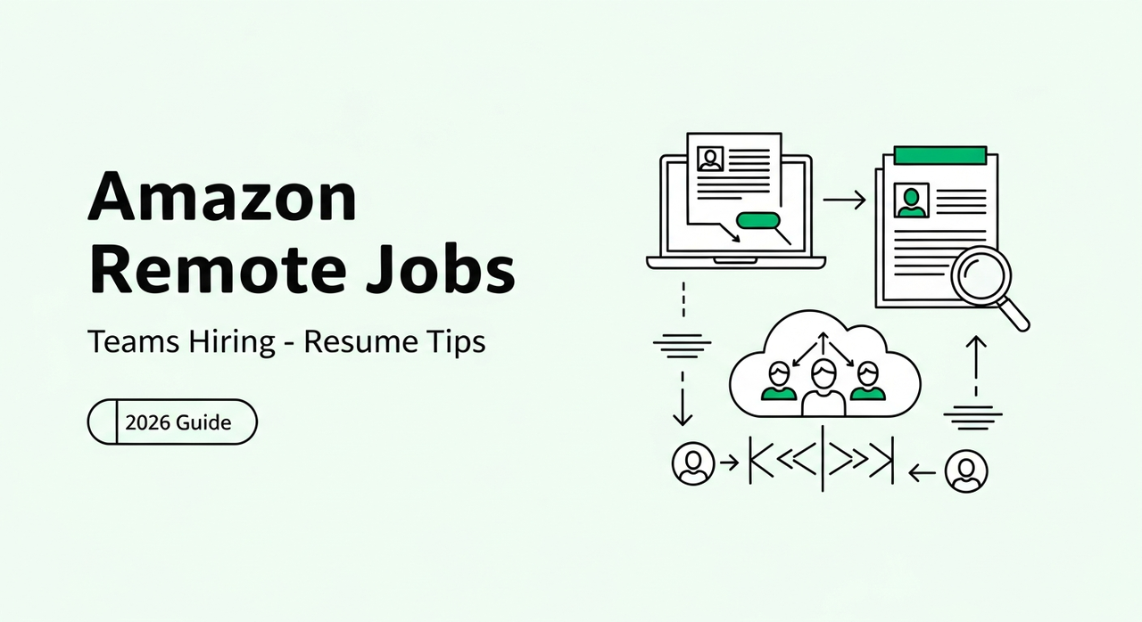 Feature graphic for a 2026 guide on resume tips and hiring teams for candidates applying to competitive amazon remote jobs.