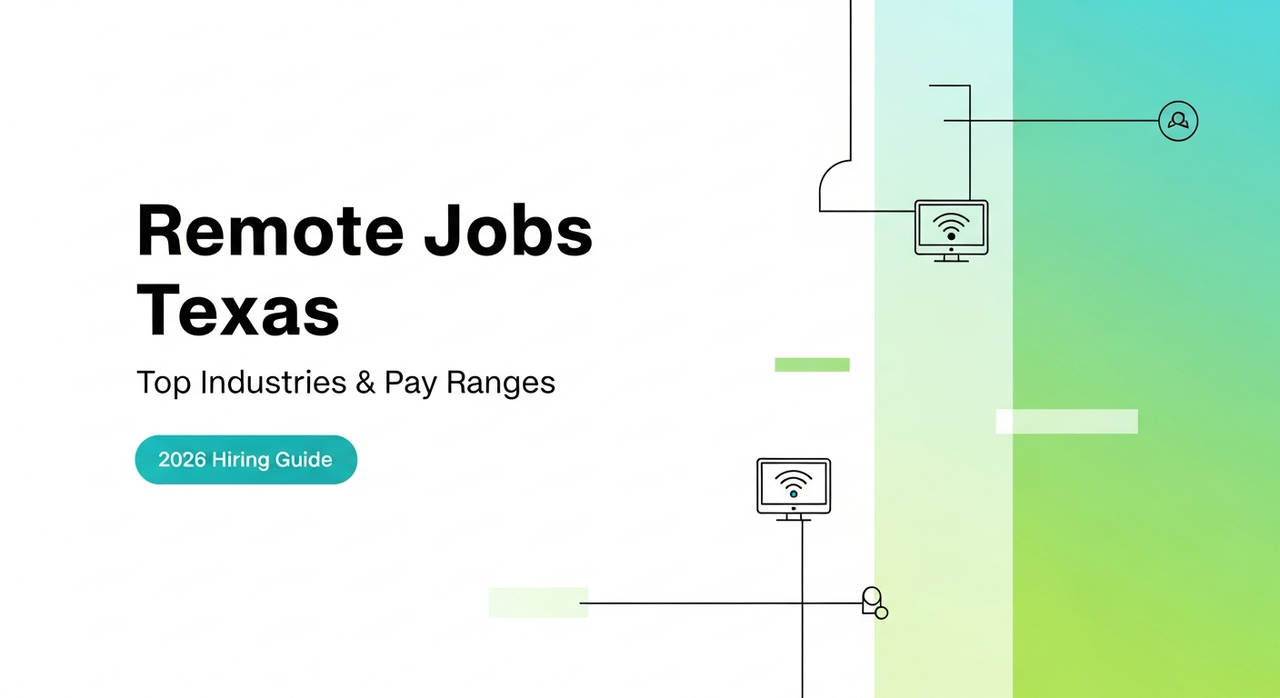 Digital illustration header for the 2026 hiring guide, detailing top industries and pay ranges for remote jobs Texas.
