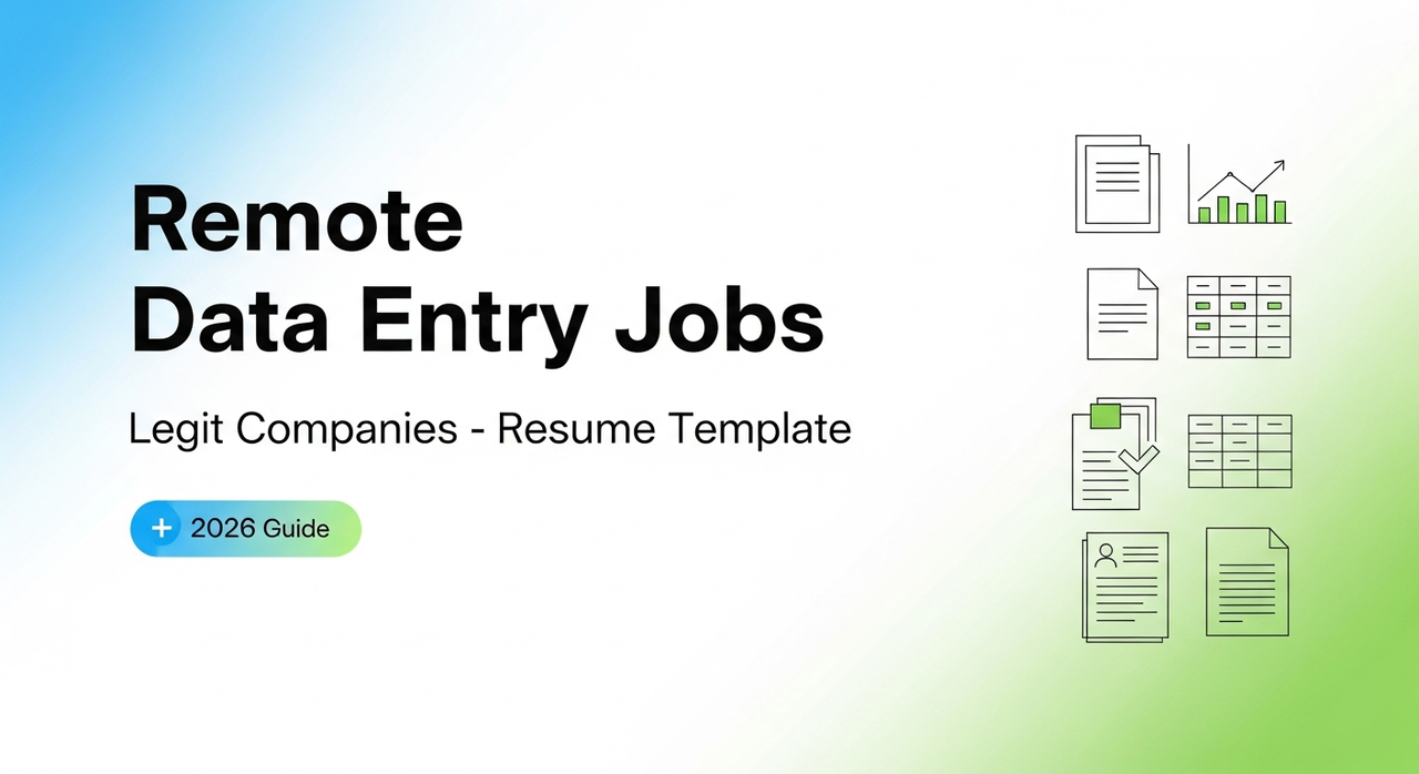 Modern blue gradient banner showcasing 2026 remote data entry jobs guide with legitimate companies and resume templates