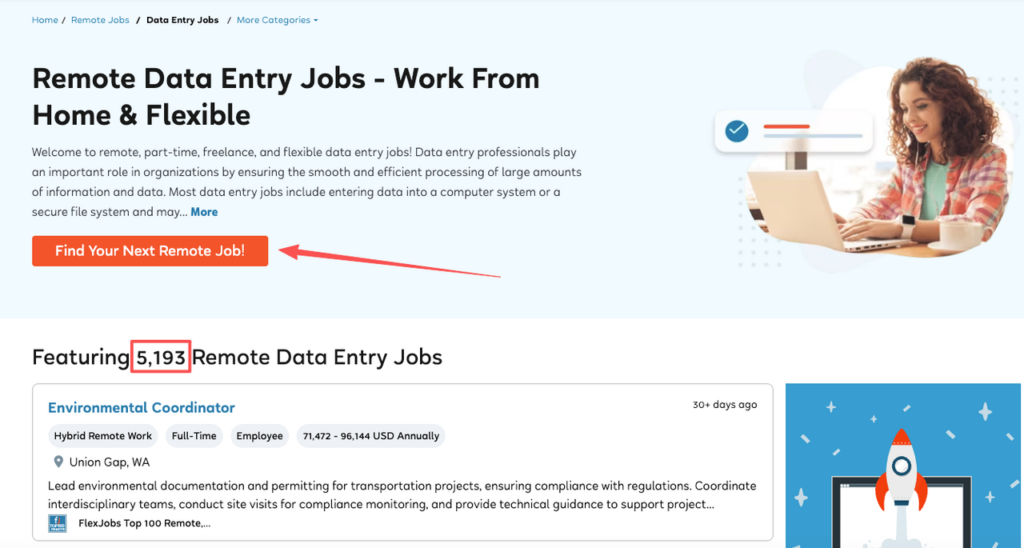 FlexJobs page featuring over 5,193 legitimate remote data entry jobs with flexible and work-from-home options in 2026