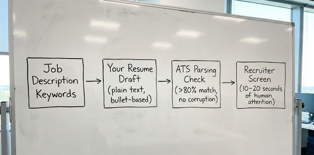 Whiteboard flowchart showing job description keywords to ATS parsing to recruiter screen for optimizing resumes for human resources jobs remote