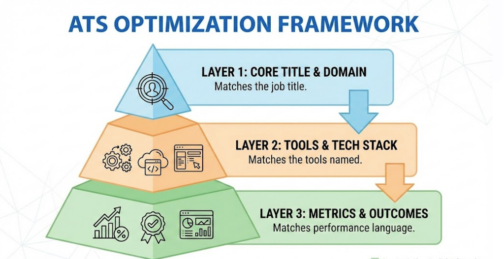 Layered ATS optimization framework pyramid for entry level remote jobs, covering core title matching, tools/tech stack, and metrics/outcomes.