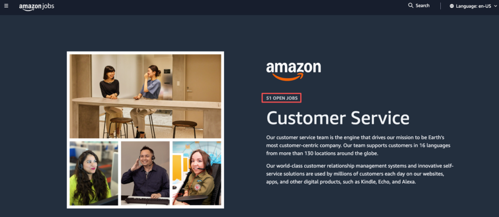 Amazon Jobs landing page featuring the Customer Service team culture and current openings for global amazon remote jobs.