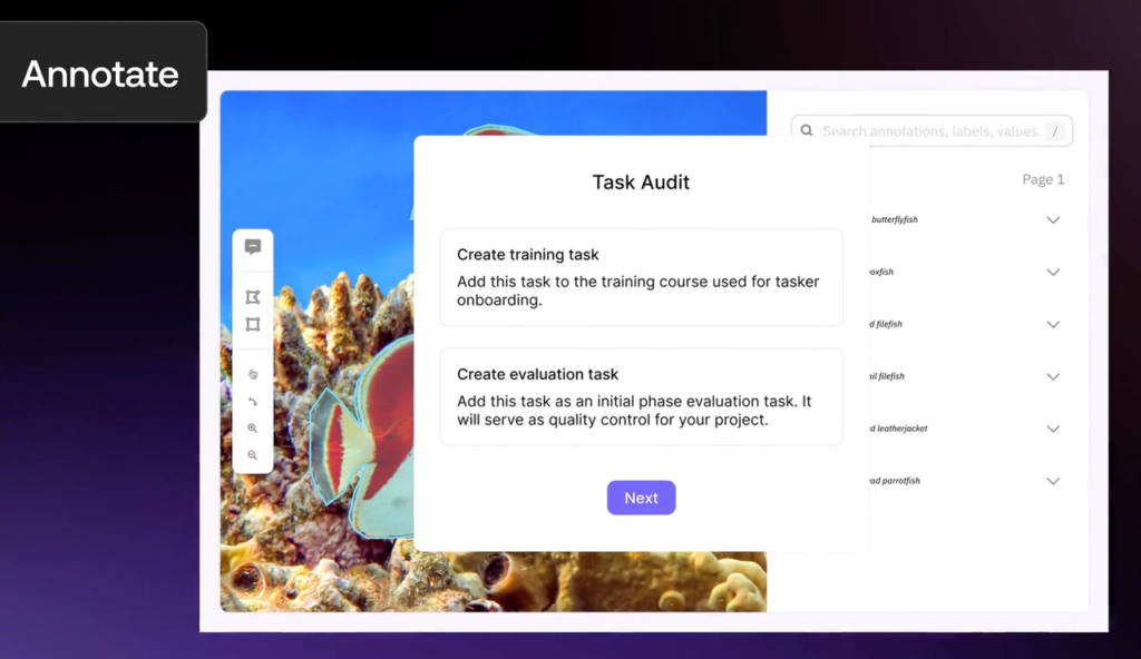Fish underwater image used in annotate task audit interface for training data annotation jobs remote beginners