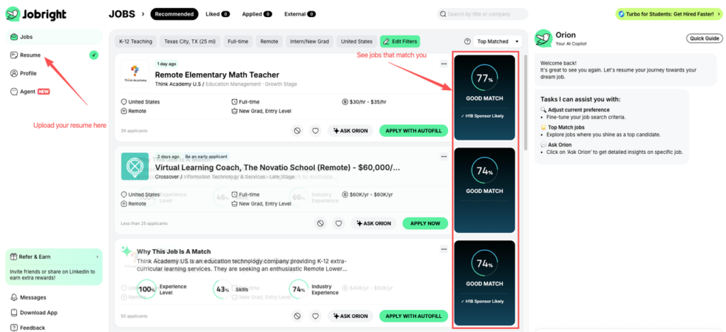 Remote data annotation jobs and related roles on Jobbright with 74-77% AI match scores, resume autofill, and quick apply features (2026 screenshot)