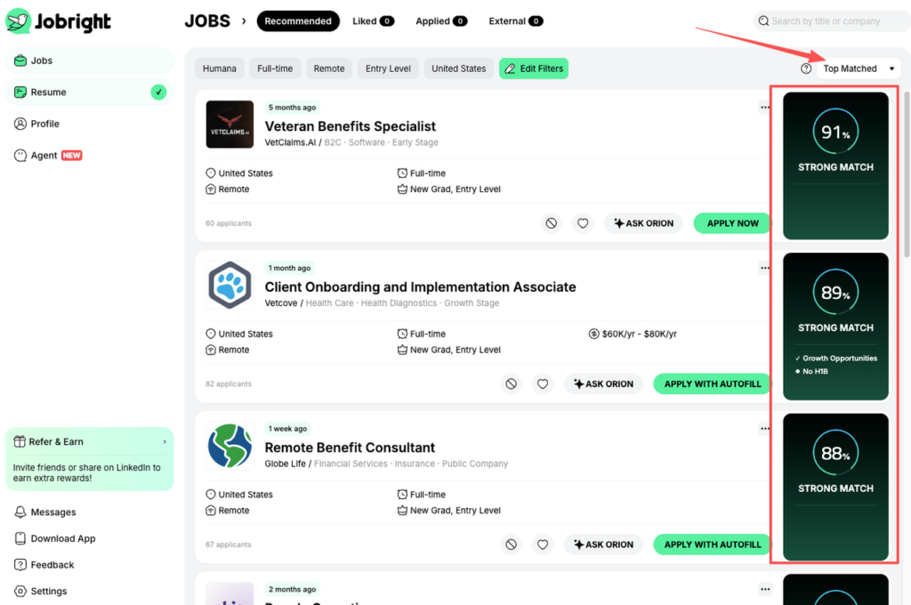 Jobbright platform showing top-matched remote jobs in Florida like Veteran Benefits Specialist at 91% match, including salary ranges, company details, and strong fit indicators for entry-level remote roles.