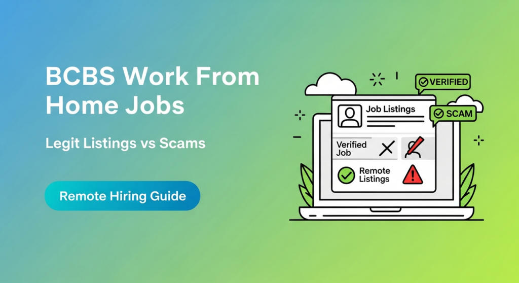 Informative guide comparing legitimate Blue Cross Blue Shield work from home remote job listings versus common scams, with verified and warning icons
