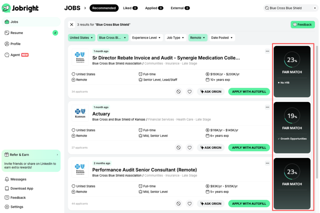 Jobright dashboard displaying current Blue Cross Blue Shield Association remote work from home opportunities, including senior director and actuary positions