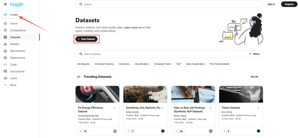 Kaggle create new dataset interface – perfect for building projects to land entry level data analyst jobs remote
