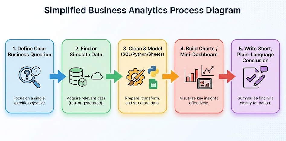 Step-by-step simplified business analytics process diagram essential for data analyst jobs: define question, acquire data, clean/model with SQL/Python, build charts/dashboard, and conclude insights.