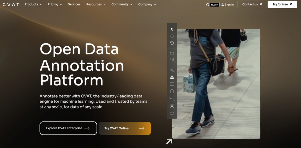 Person walking street scene annotated in CVAT platform – popular tool for data annotation jobs remote workers