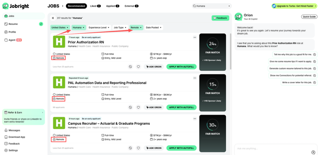 Jobright dashboard displaying latest Humana remote jobs including Prior Authorization RN and data professional positions nationwide