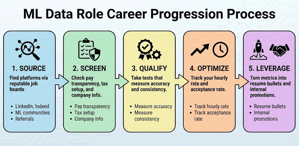 Data annotation jobs career progression process: Source platforms → Screen pay & taxes → Qualify with tests → Optimize hourly rate → Leverage for promotions