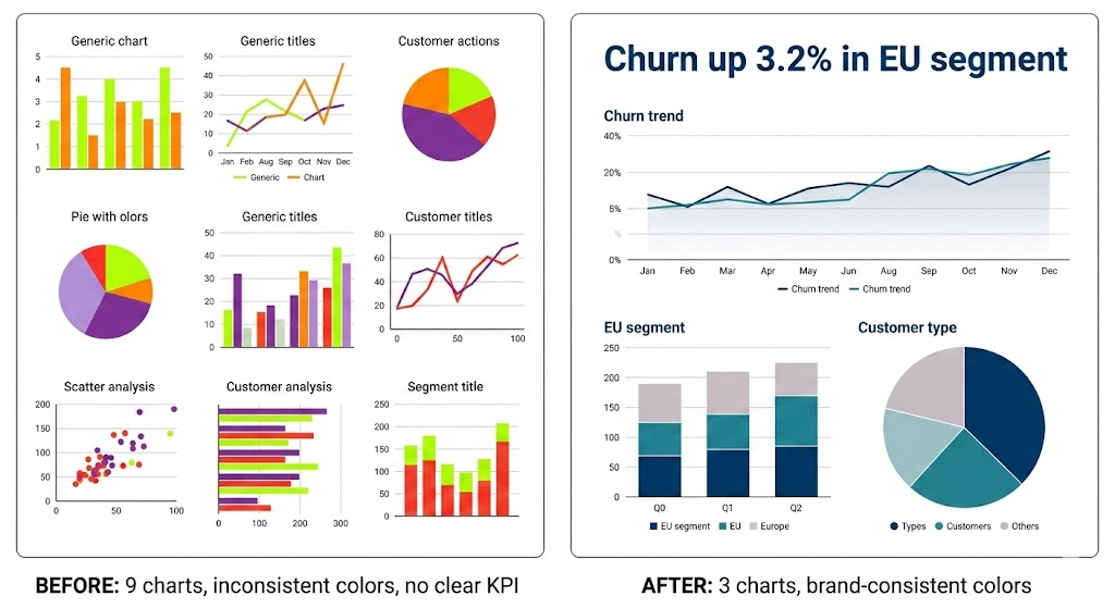 Before-and-after example of dashboard improvement for data analyst jobs: reducing from 9 inconsistent charts to 3 clear, brand-consistent visualizations to highlight key KPIs effectively.