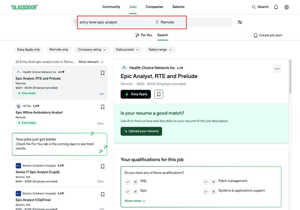 Screenshot of Glassdoor showing 34 entry level Epic analyst jobs remote, including RTE and Prelude roles with $90K–$100K salary range and easy apply options.