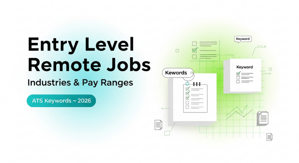 Infographic guide to entry level remote jobs, highlighting key industries, salary ranges, and essential ATS keywords to optimize resumes in 2026.