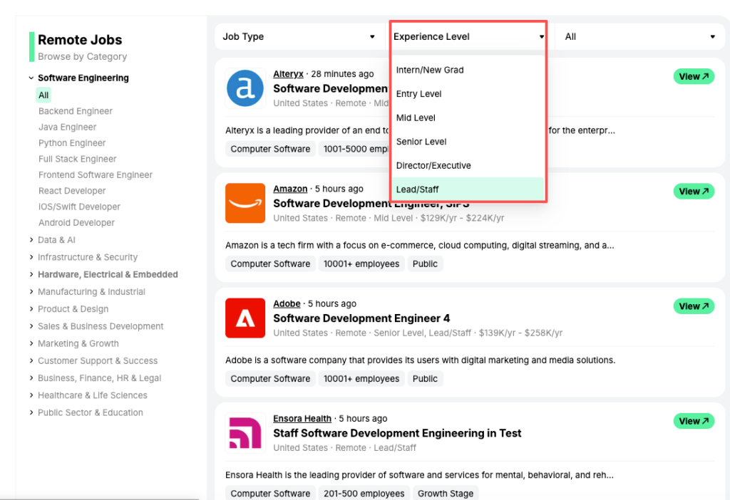 Job board screenshot showing remote jobs no experience filter, featuring entry-level software developer roles at companies like Amazon, Adobe, and Alteryx.