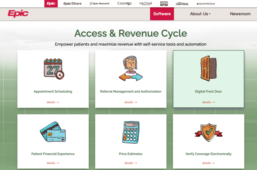 Epic software Access and Revenue Cycle interface displaying icons for appointment scheduling, referral management, digital front door, and verify coverage electronically for remote Epic analyst roles.