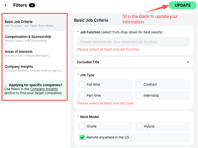 Job search filter interface showing the work model section with the remote option selected to find remote jobs Texas.