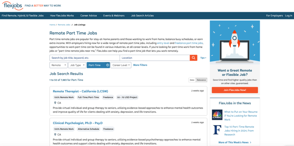 FlexJobs platform showcasing thousands of verified remote part time jobs including therapy and psychology roles with 100% remote options in California.