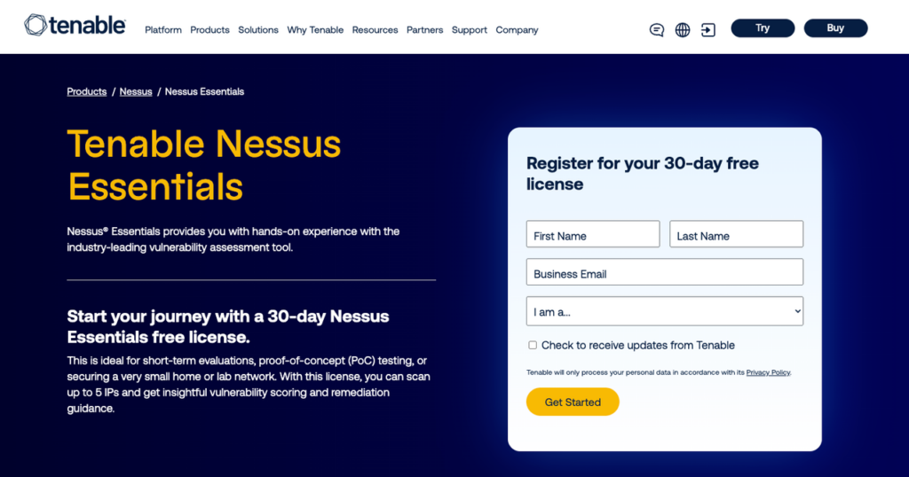 Tenable Nessus Essentials free license for building portfolio projects in entry level cyber security jobs remote vulnerability scanning