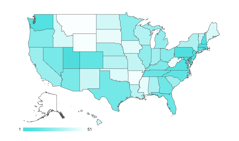 United States heatmap visualizing the density and availability of top-rated work from home jobs near me by state region.