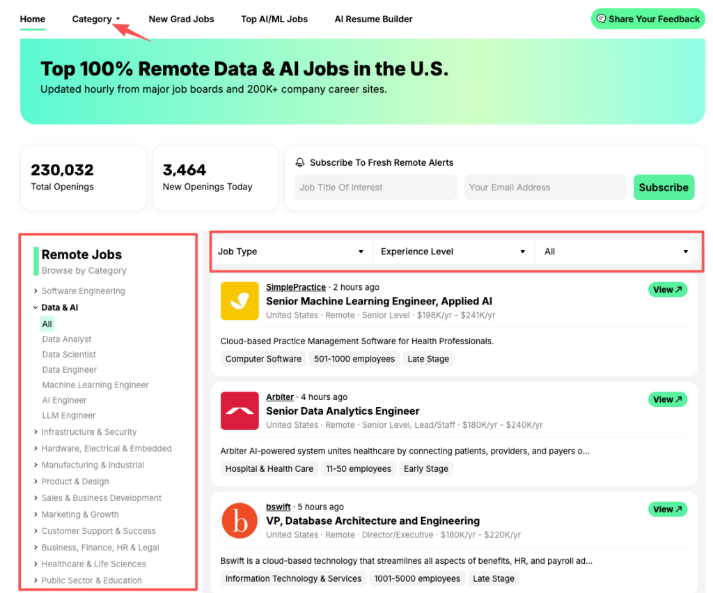 Job board interface highlighting the sidebar category used to search for data annotation jobs remote and AI roles.