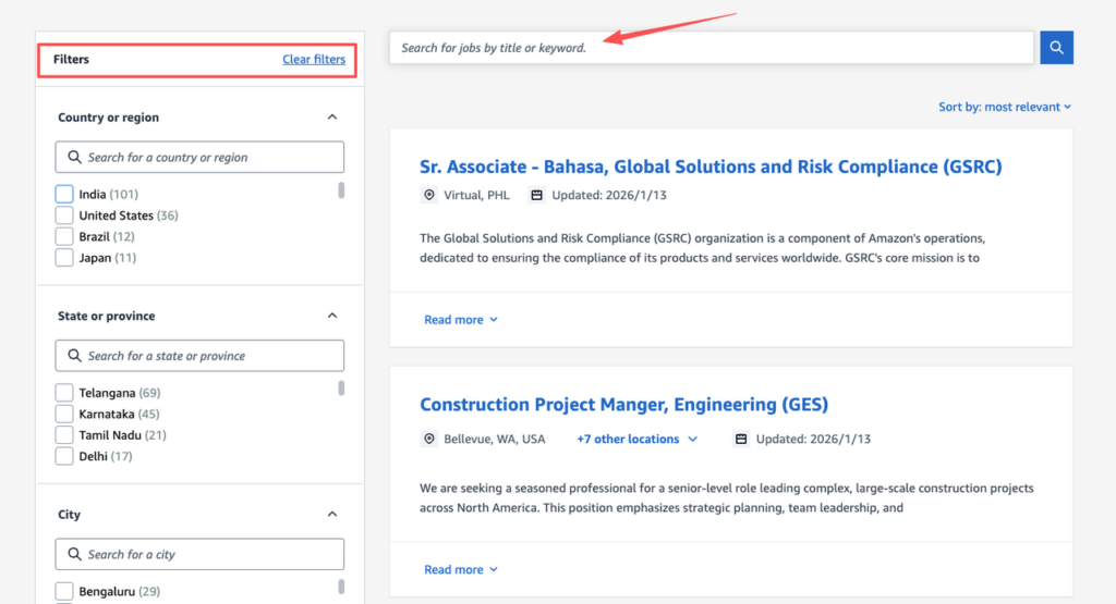 Amazon career search bar and location filters used to narrow down listings and find the best available amazon remote jobs.