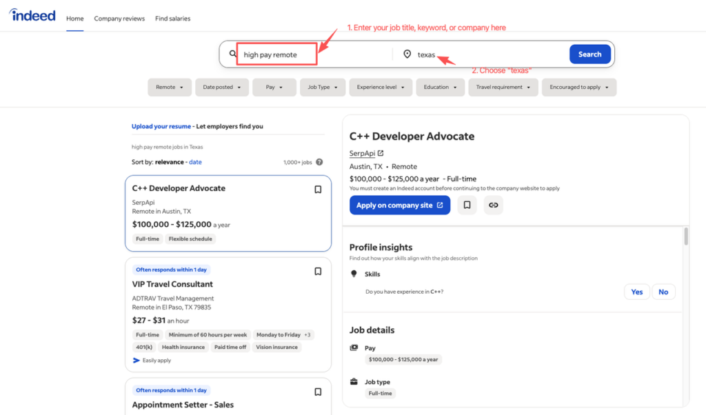 Indeed search interface displaying results for high pay remote jobs Texas, highlighting a developer role in Austin.