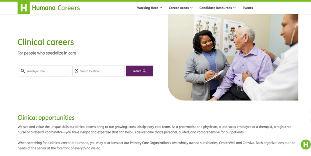 Humana clinical careers page highlighting remote-eligible roles in patient care with doctor examining senior patient in clinic