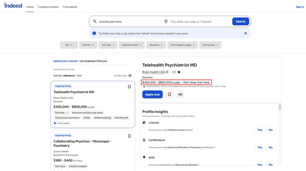 Indeed job search displaying high-paying remote part time jobs like telehealth psychiatrist earning $450,000-$800,000 annually with flexible hours.