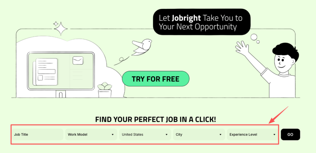 Jobbright platform banner and search filters for remote jobs no experience, emphasizing quick job discovery with work model and experience level options.