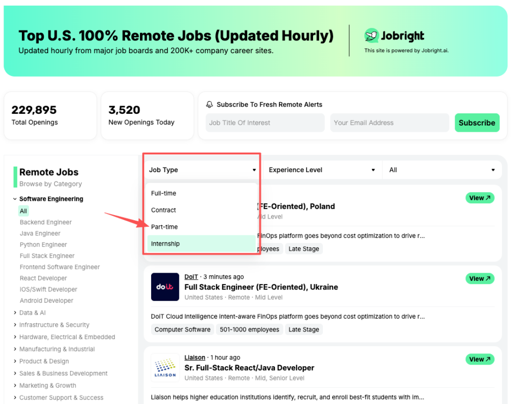 Jobbright interface highlighting 100% remote part time jobs and internships across categories like software engineering with hourly updates in the US.