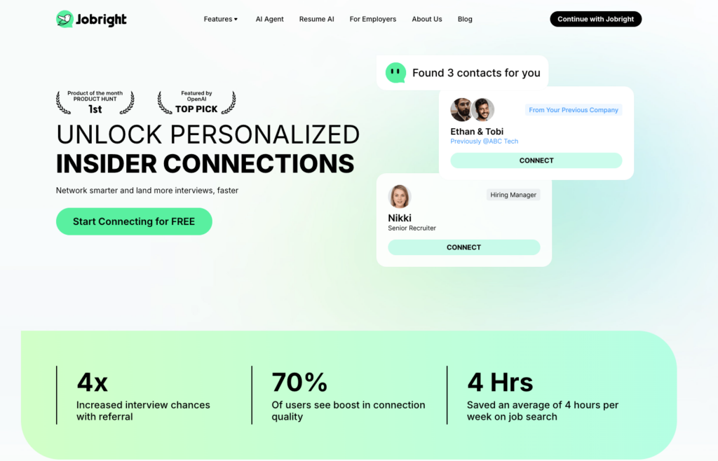 Jobright dashboard displaying AI tools to help candidates secure blue cross blue shield work from home jobs via referrals.
