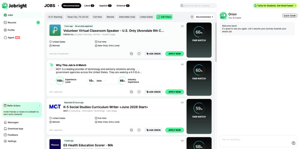 Jobright dashboard displaying remote entry level data analyst jobs with match scores and apply buttons in 2026