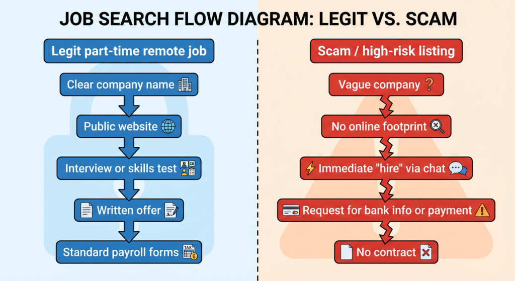 Flow diagram comparing legitimate remote part time jobs process with clear company, interview, and offer vs high-risk scam signs like vague company and payment requests