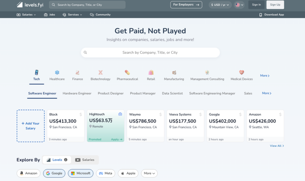 Levels.fyi job board screenshot with high-paying remote software engineer roles, great for exploring remote jobs no experience on platforms like this.