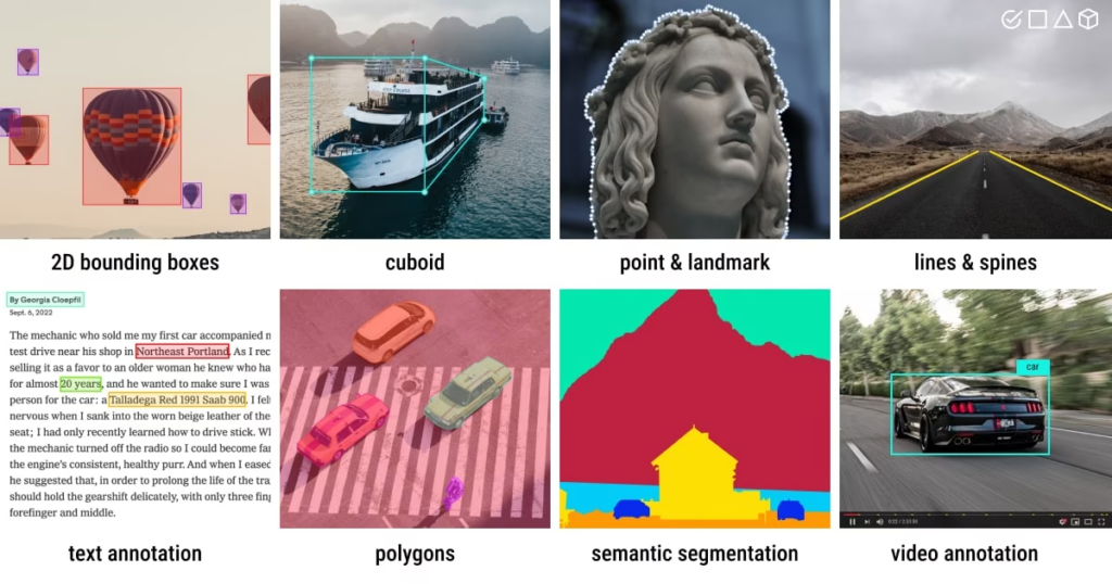 Collage of different data annotation types including bounding boxes for data annotation jobs remote projects109