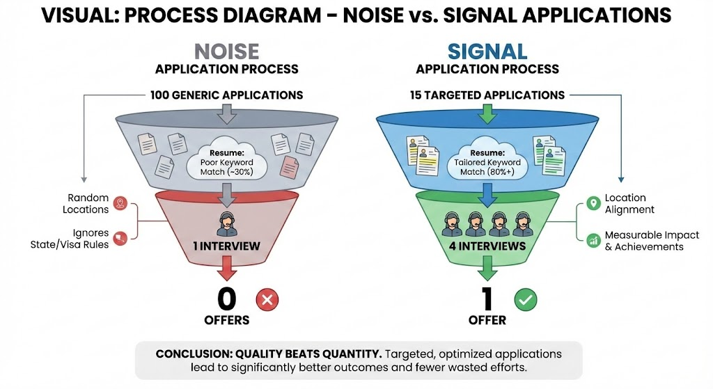 Process diagram illustrating why targeted applications lead to more offers for work from home jobs near me than spamming.
