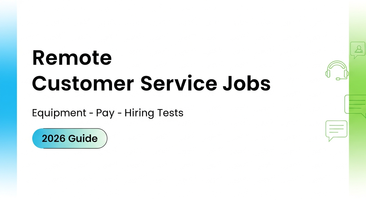 Infographic guide to remote customer service jobs in 2026 covering required equipment, average pay rates, and hiring tests process