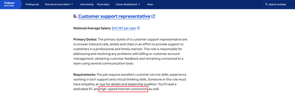 Indeed career guide showing remote customer service jobs require high-speed internet, dedicated PC, and strong customer support skills in 2026