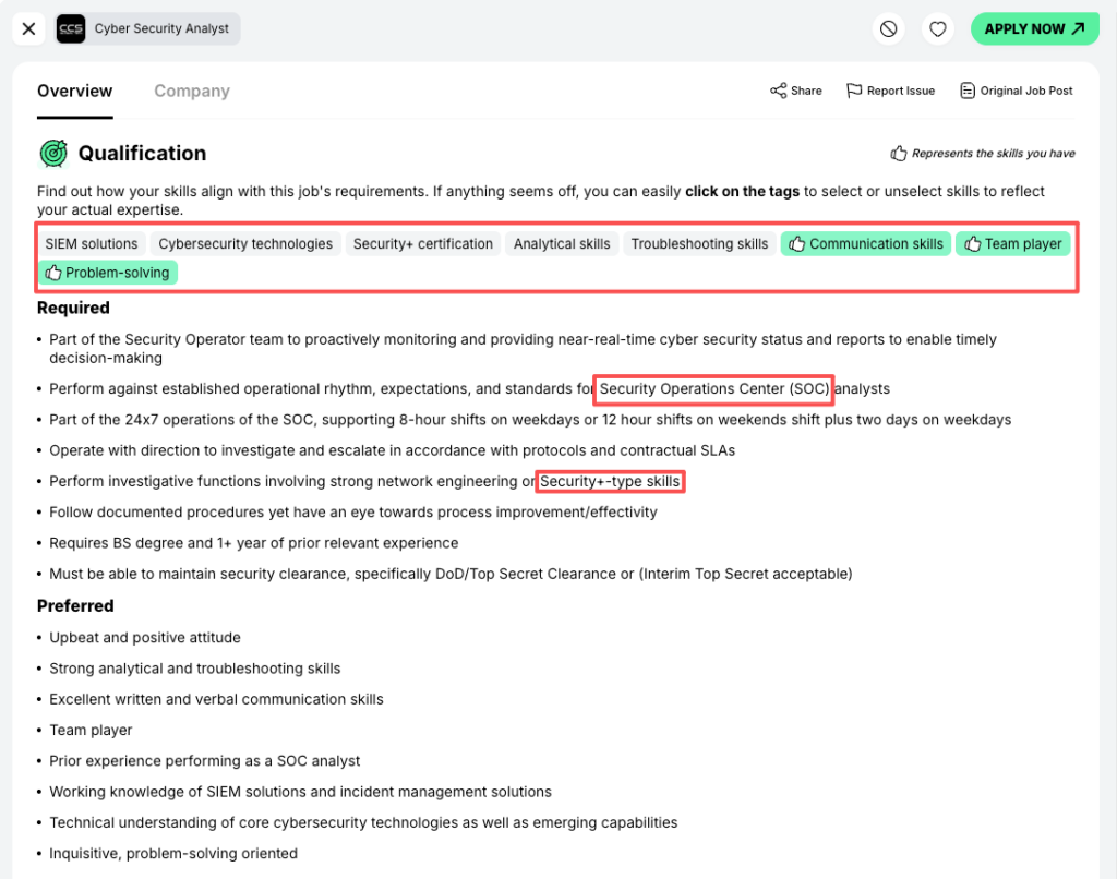 Remote cyber security jobs entry level details including SOC 24x7 shifts, Security+ skills, SIEM, and problem-solving requirements